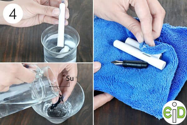 bir dolma kalemi temizlemek için parçaları suyla durulayın